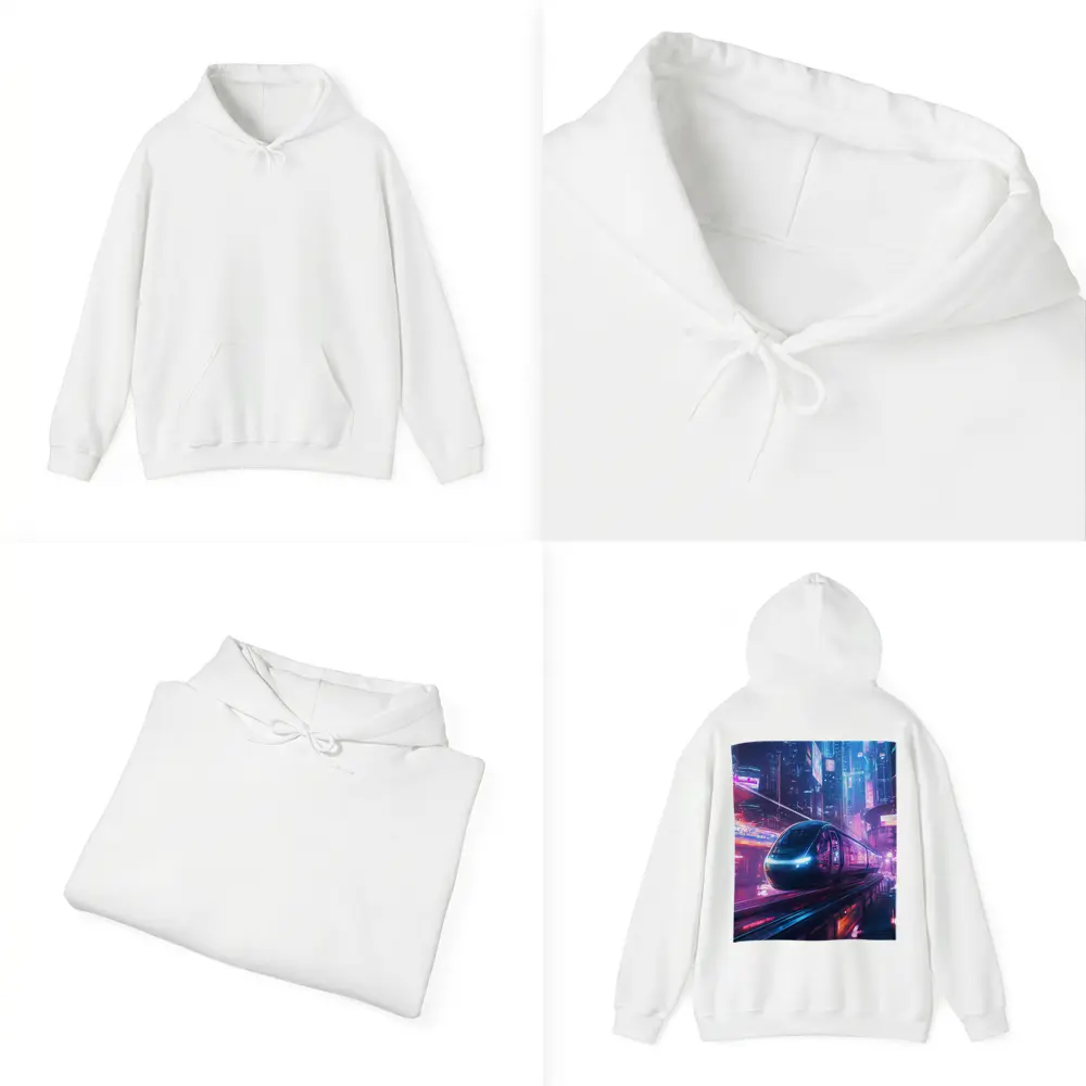 Futuristic Train Speeding Through Neon Cyberpunk City – Hoodies