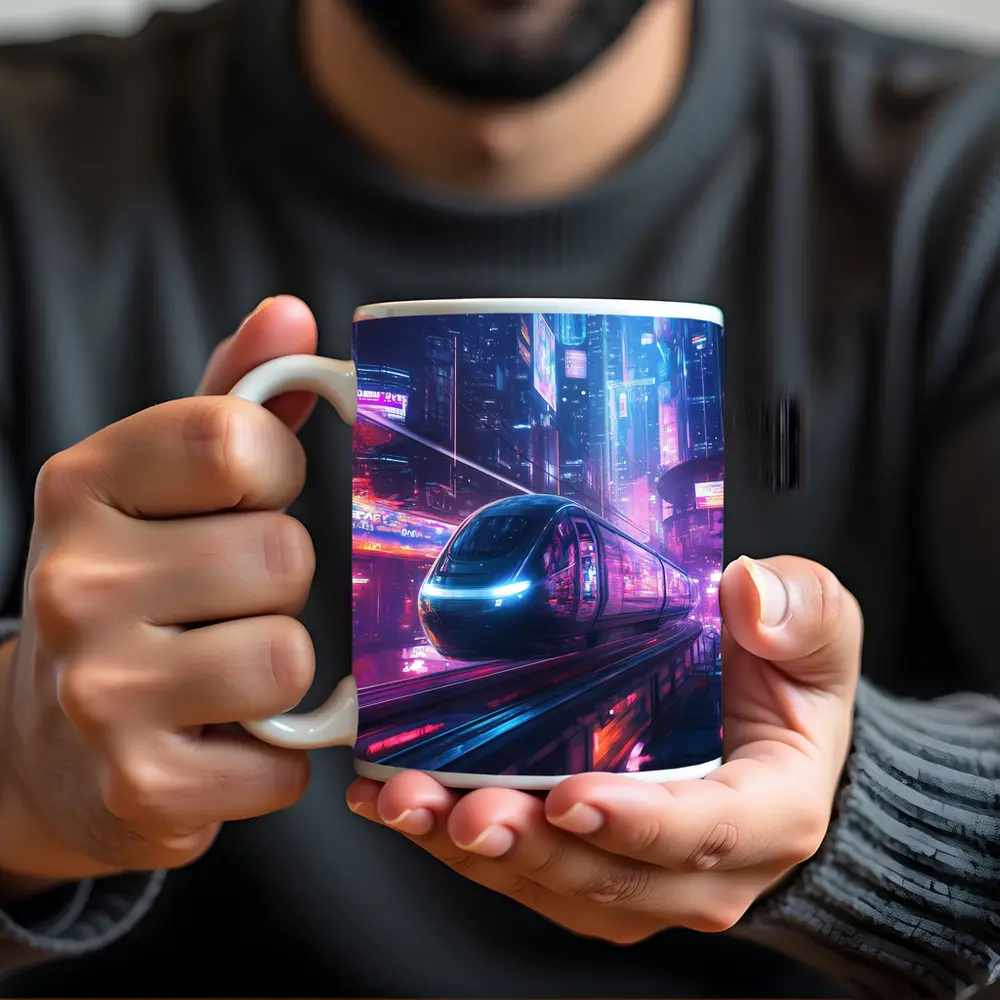 Futuristic Train Speeding Through Neon Cyberpunk City – Mugs