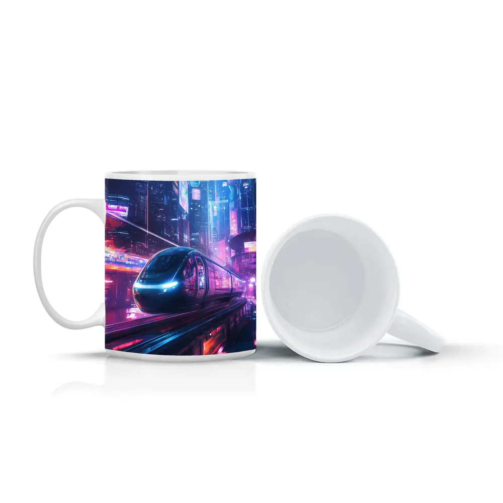 Futuristic Train Speeding Through Neon Cyberpunk City – Mugs