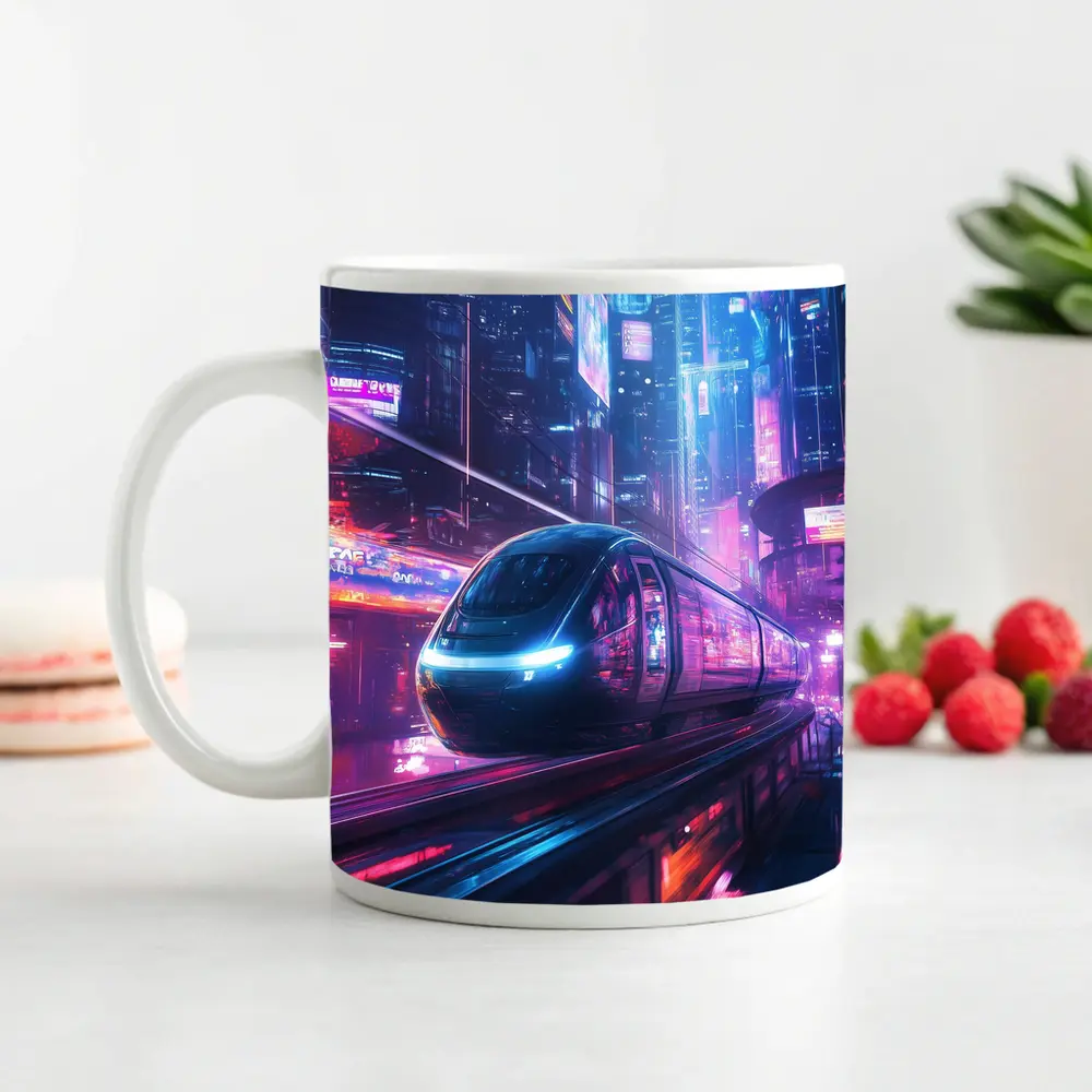 Futuristic Train Speeding Through Neon Cyberpunk City – Mugs