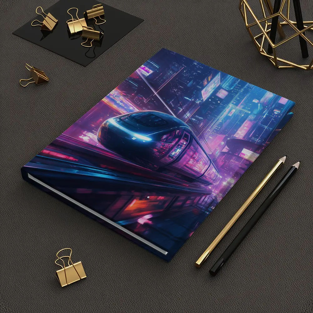 Futuristic Train Speeding Through Neon Cyberpunk City – Notebooks