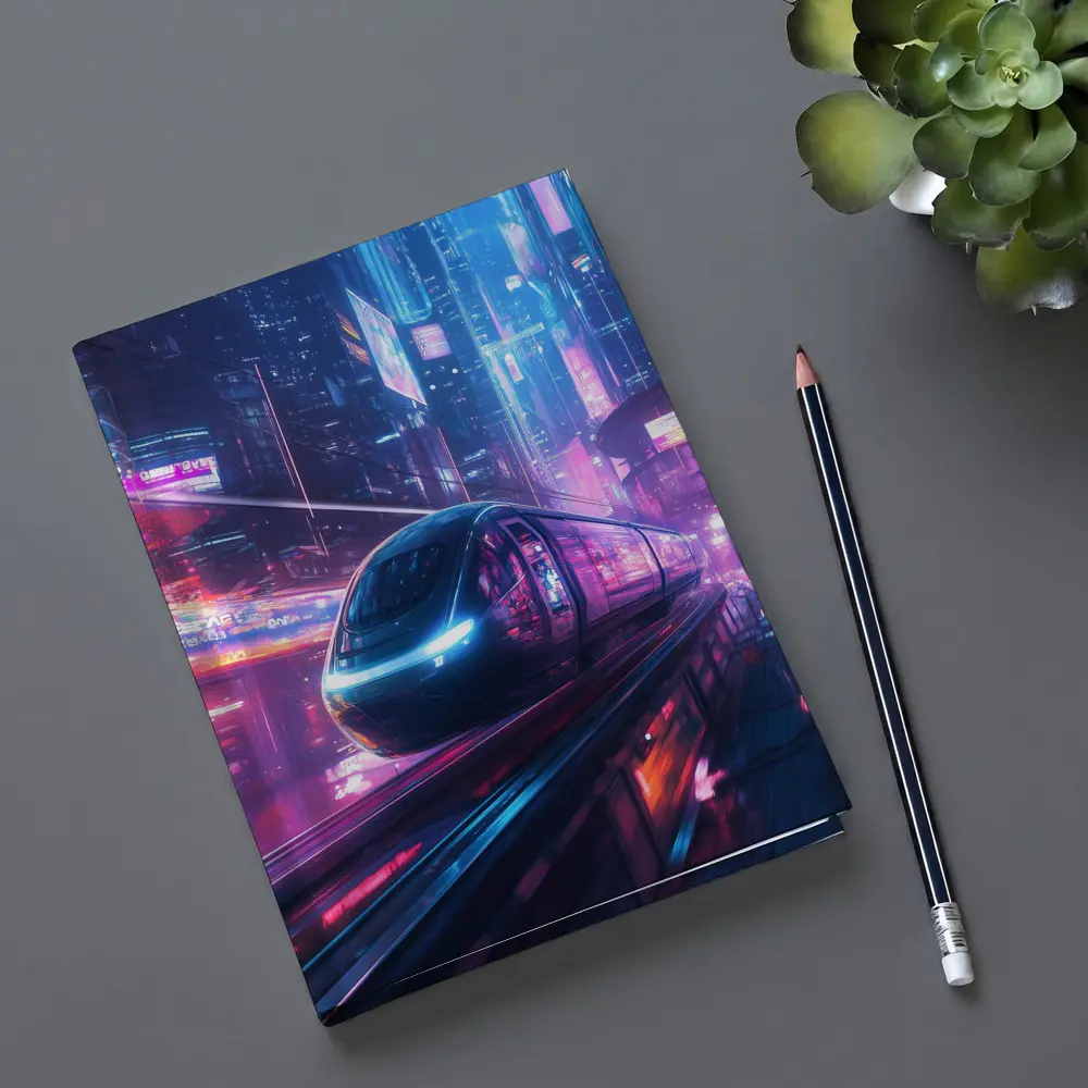Futuristic Train Speeding Through Neon Cyberpunk City – Notebooks