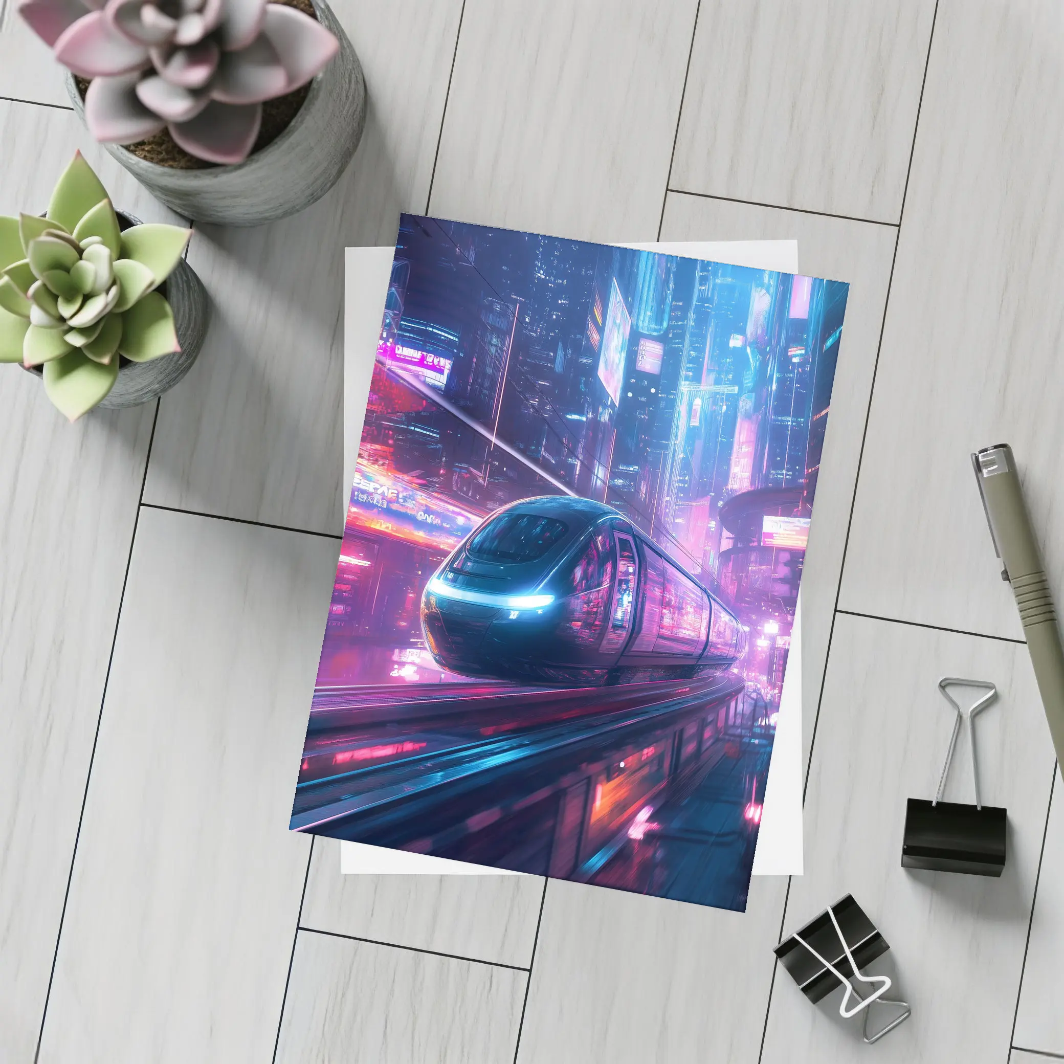Futuristic Train Speeding Through Neon Cyberpunk City – Postcards