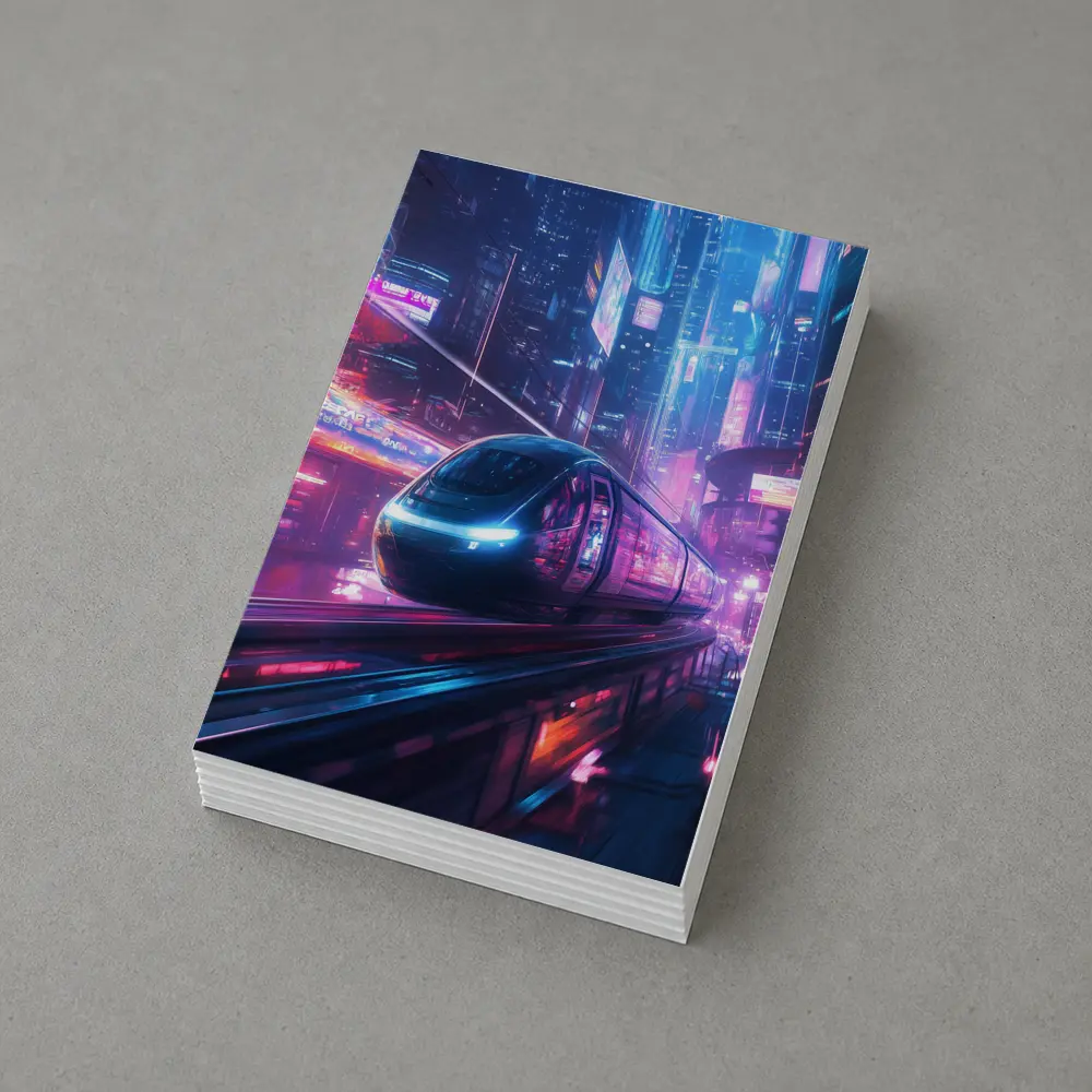 Futuristic Train Speeding Through Neon Cyberpunk City – Postcards