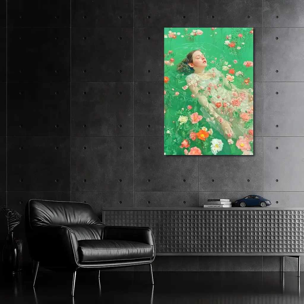 Woman Floating Among Pink Flowers Green Water – Wall Art
