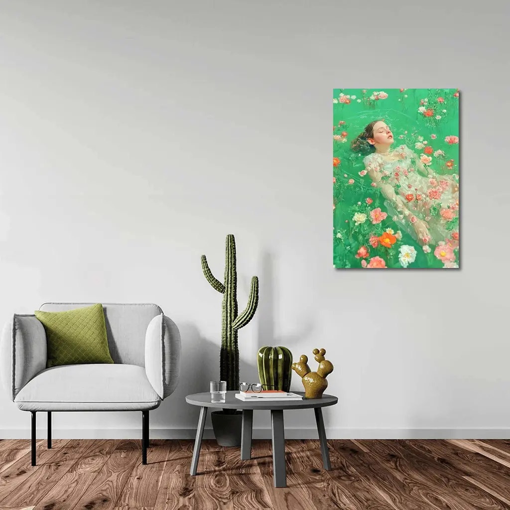 Woman Floating Among Pink Flowers Green Water – Wall Art