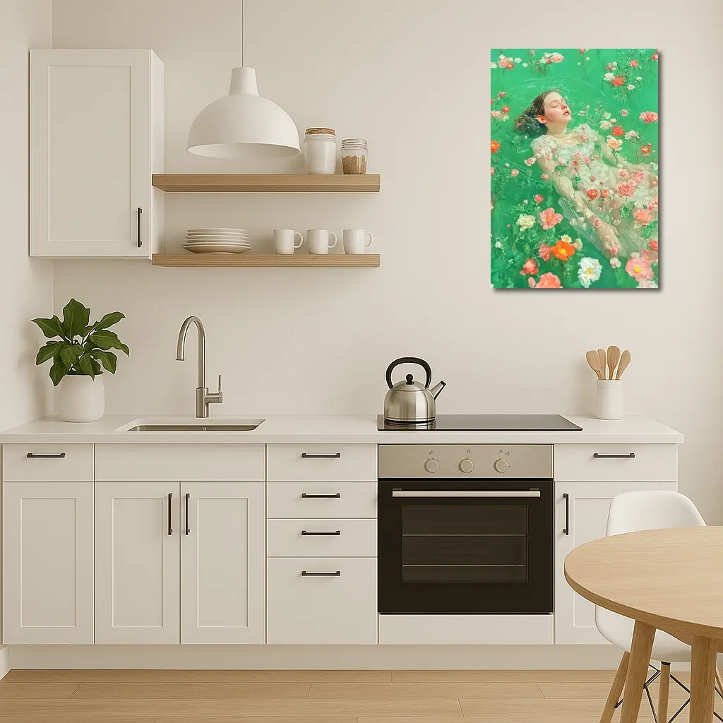 Woman Floating Among Pink Flowers Green Water – Wall Art