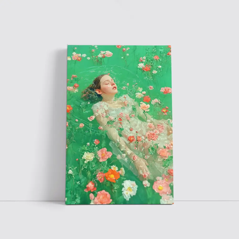 Woman Floating Among Pink Flowers Green Water – Wall Art