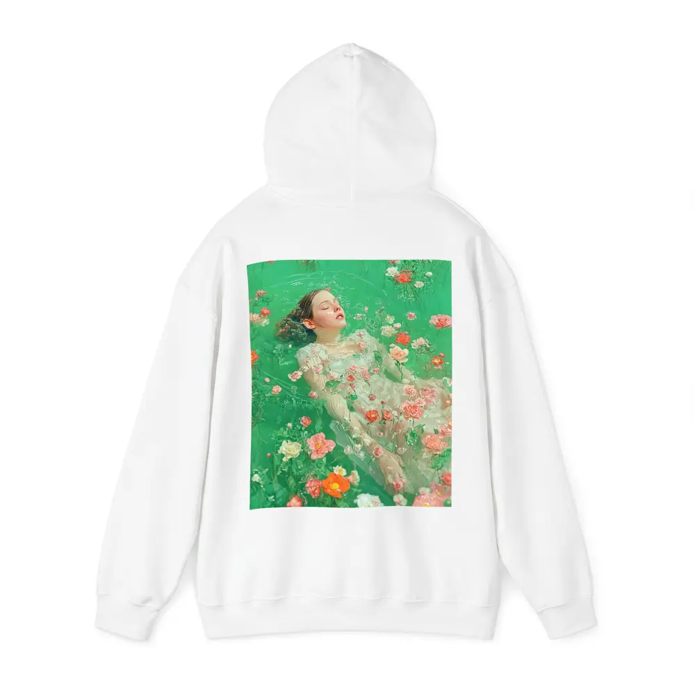 Woman Floating Among Pink Flowers Green Water – Hoodies