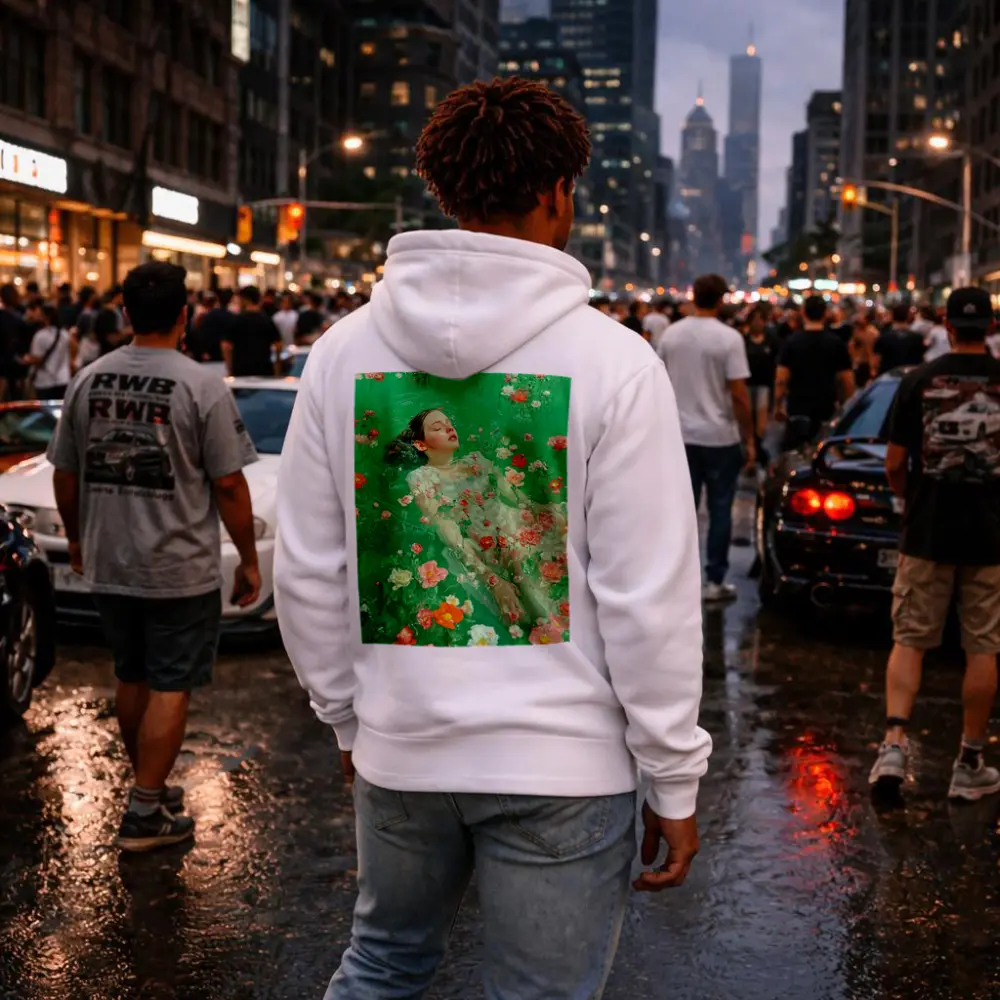 Woman Floating Among Pink Flowers Green Water – Hoodies