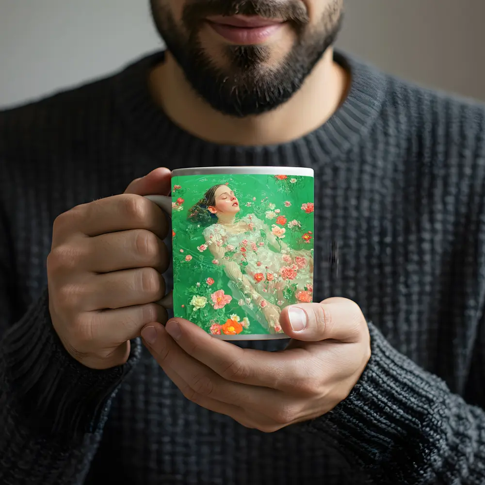 Woman Floating Among Pink Flowers Green Water – Mugs