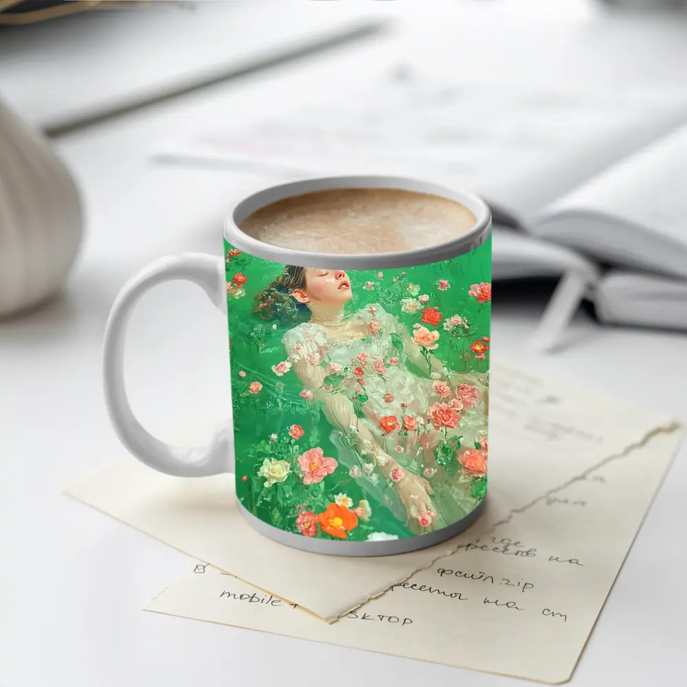 Woman Floating Among Pink Flowers Green Water – Mugs