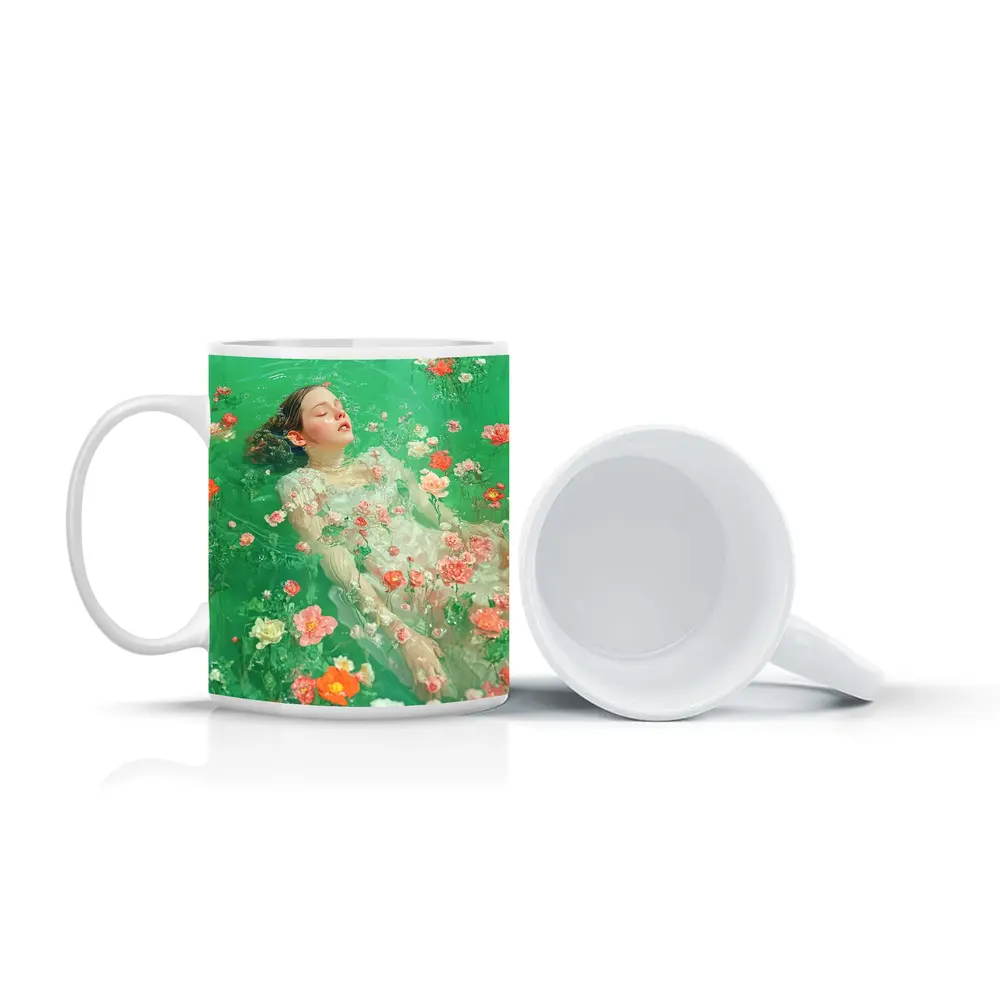 Woman Floating Among Pink Flowers Green Water – Mugs