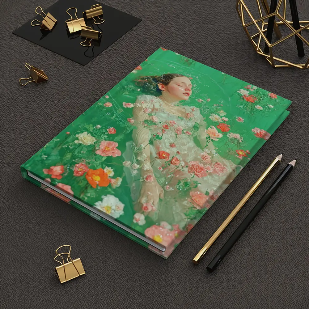 Woman Floating Among Pink Flowers Green Water – Notebooks