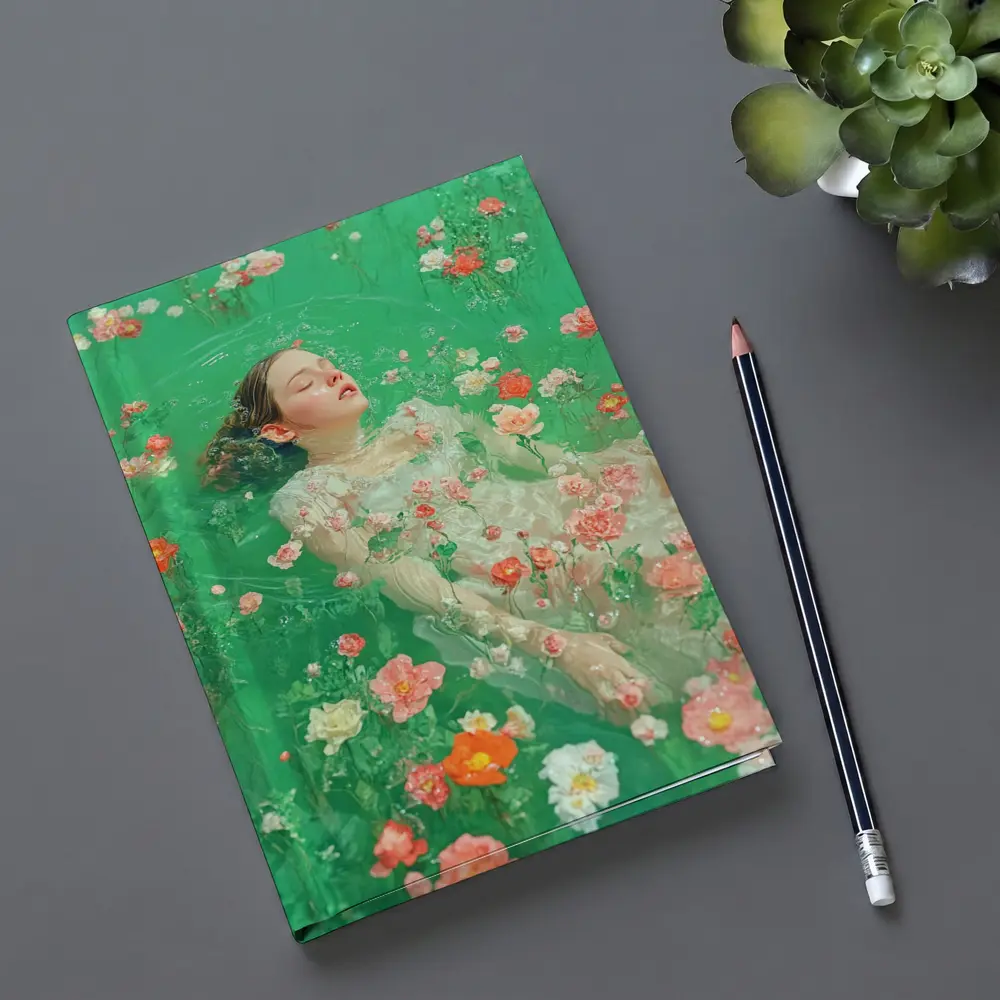 Woman Floating Among Pink Flowers Green Water – Notebooks