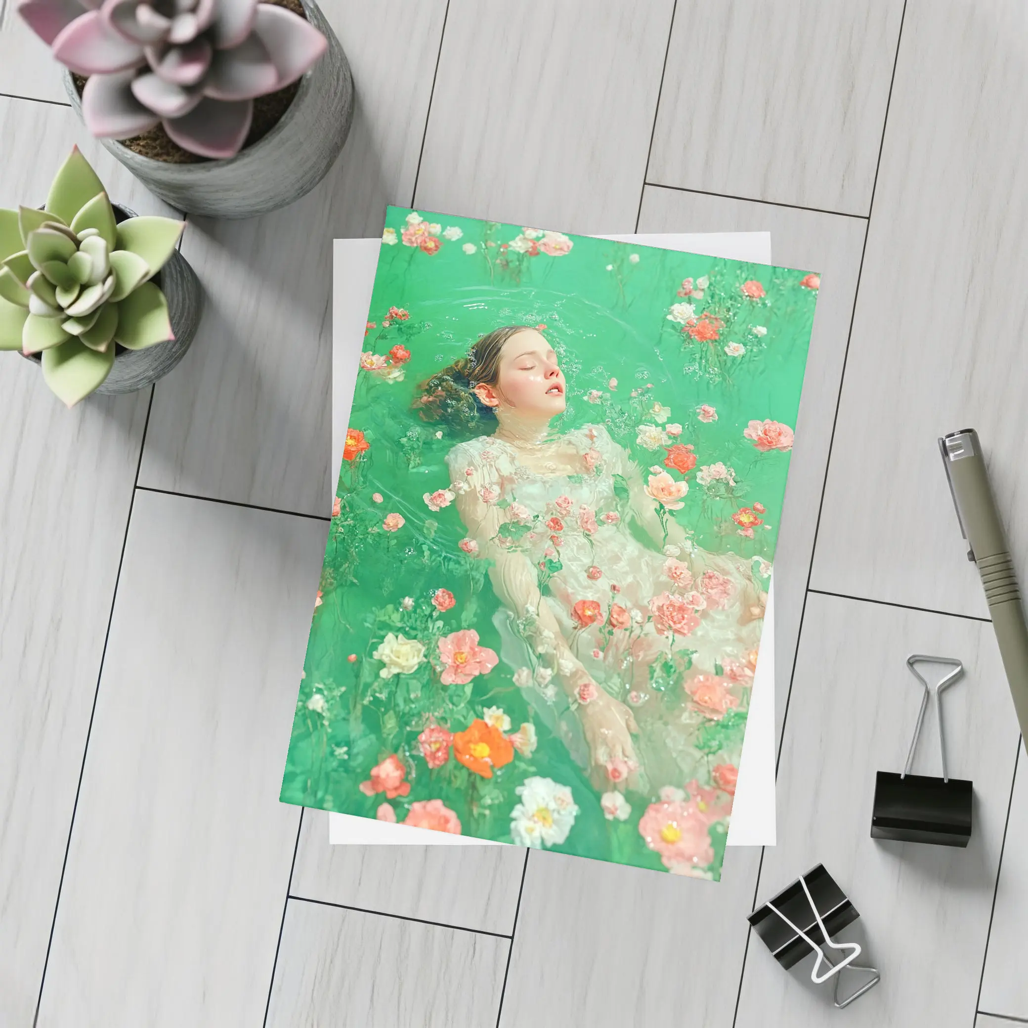 Woman Floating Among Pink Flowers Green Water – Postcards