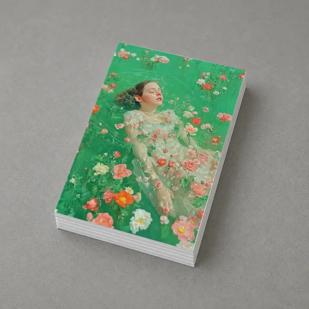 Woman Floating Among Pink Flowers Green Water – Postcards