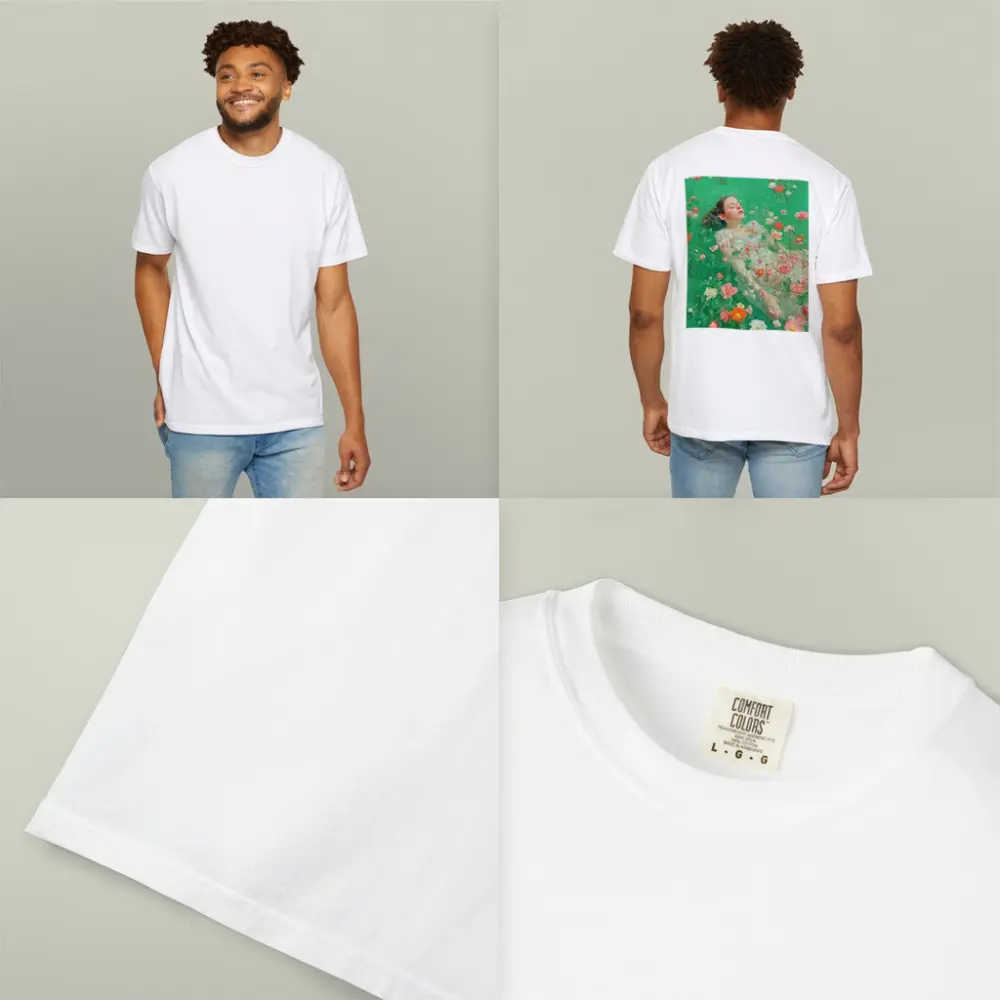Woman Floating Among Pink Flowers Green Water – T-Shirts