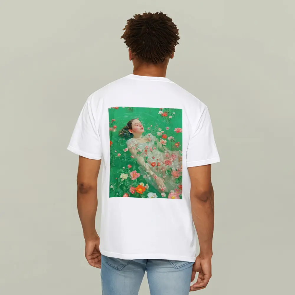 Woman Floating Among Pink Flowers Green Water – T-Shirts