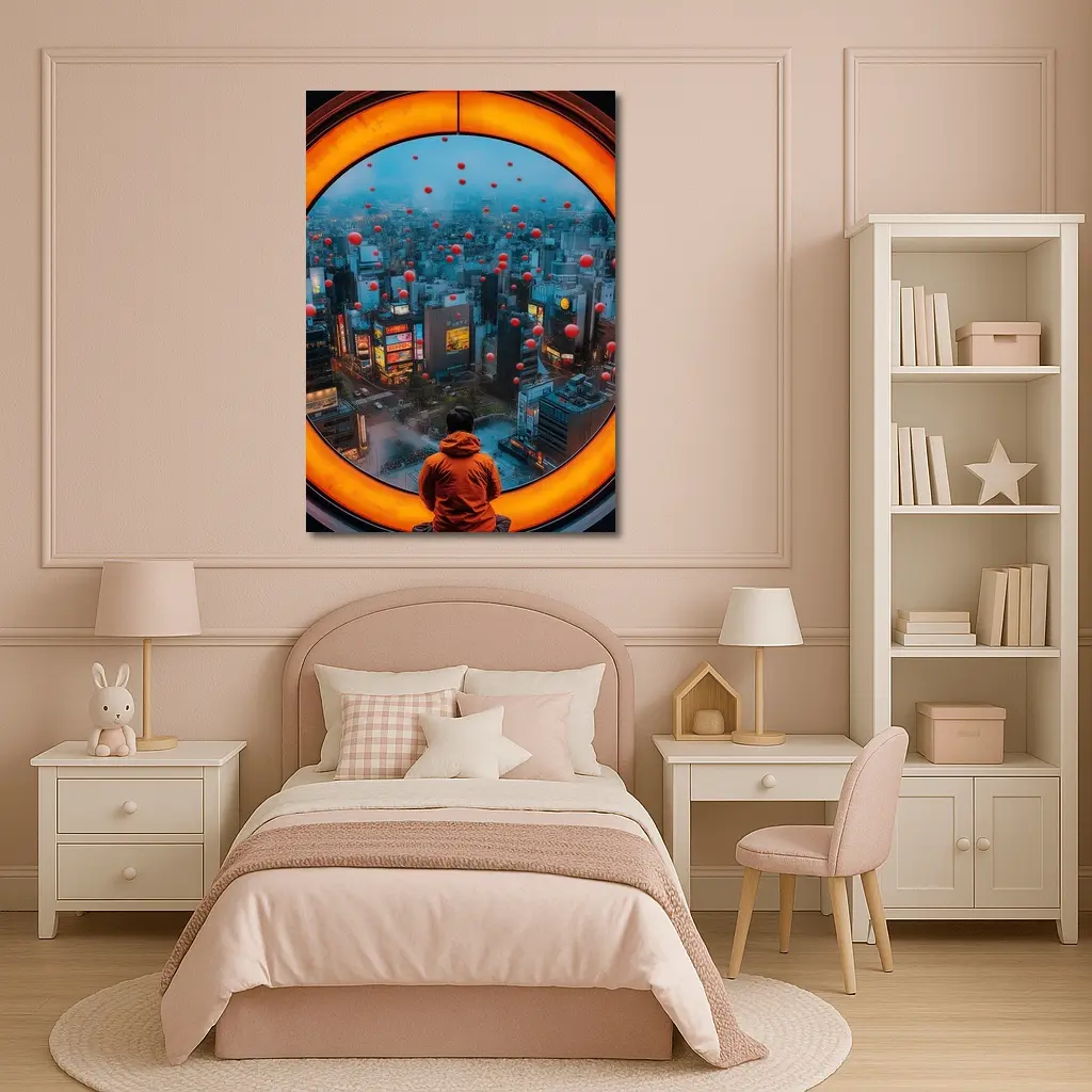 Man Gazing Over Tokyo City Through Round Window – Wall Art