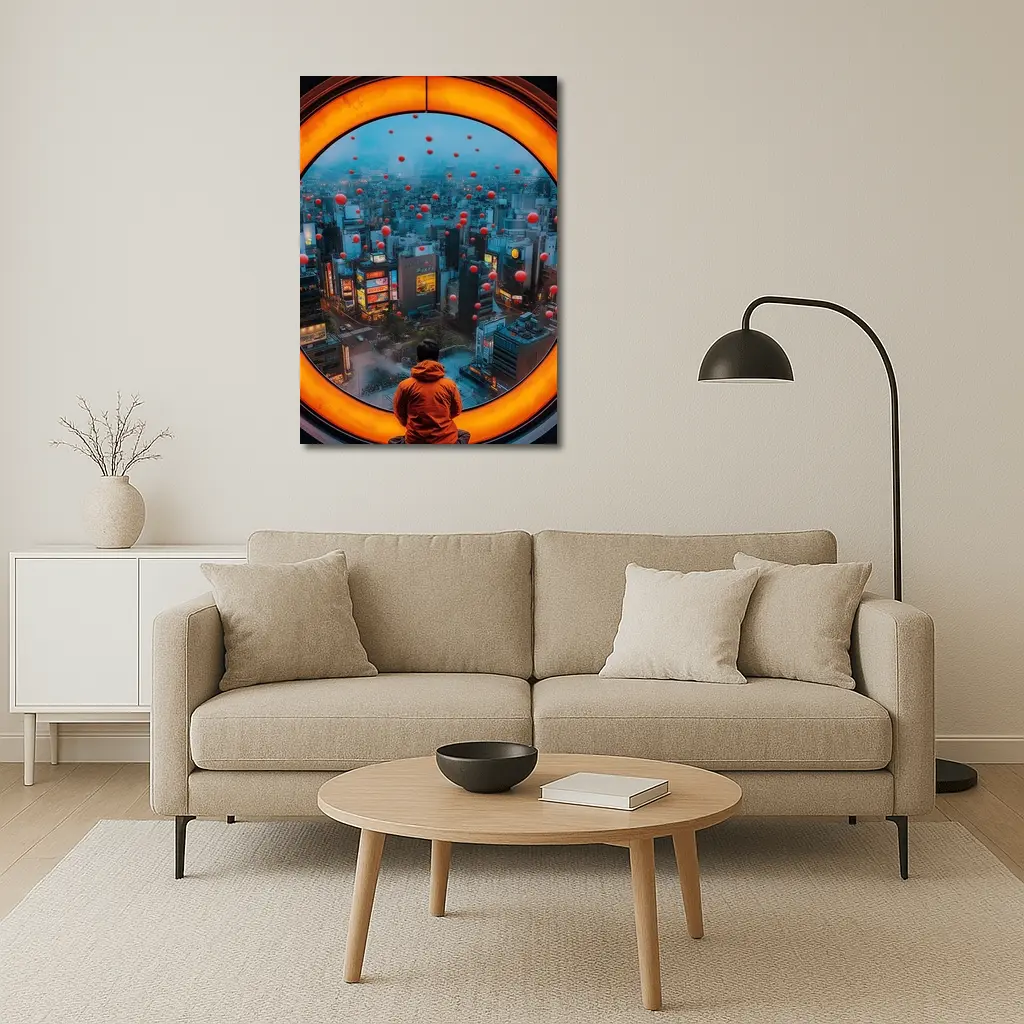 Man Gazing Over Tokyo City Through Round Window – Wall Art