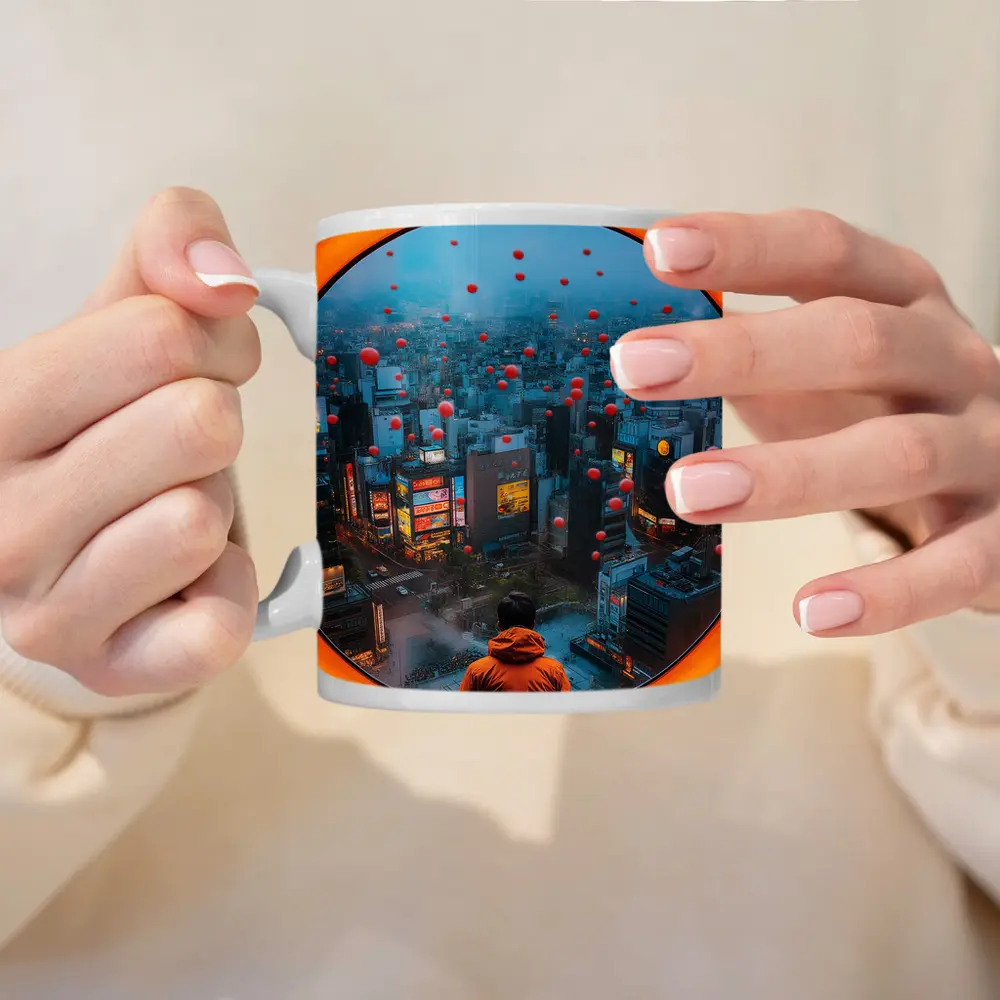 Man Gazing Over Tokyo City Through Round Window – Mugs