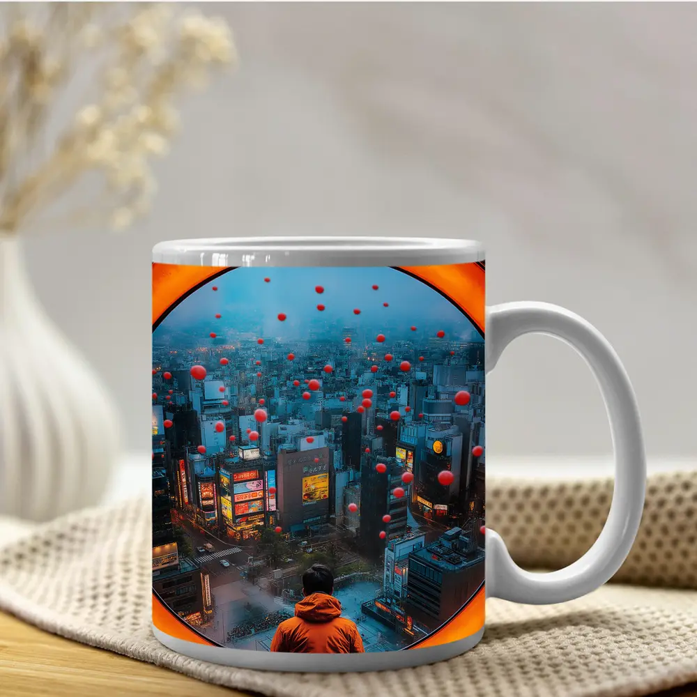 Man Gazing Over Tokyo City Through Round Window – Mugs
