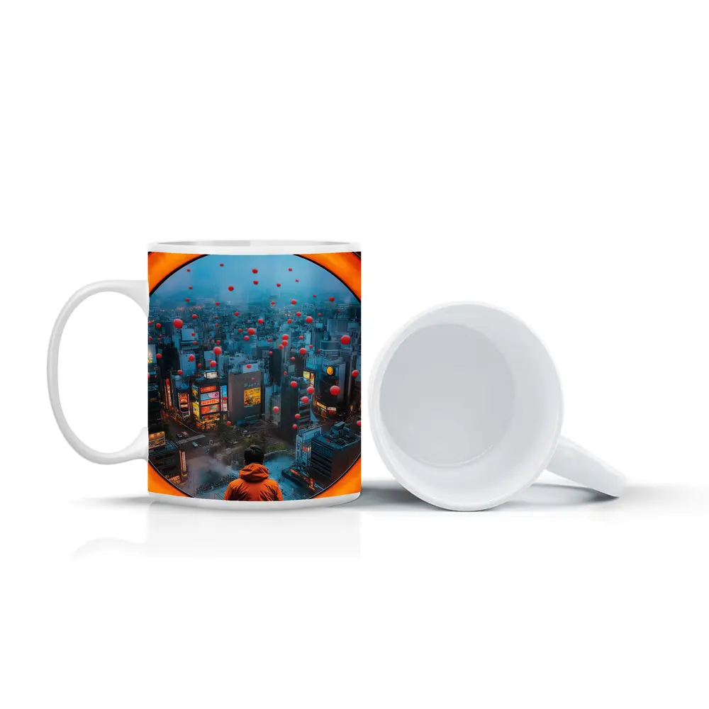 Man Gazing Over Tokyo City Through Round Window – Mugs