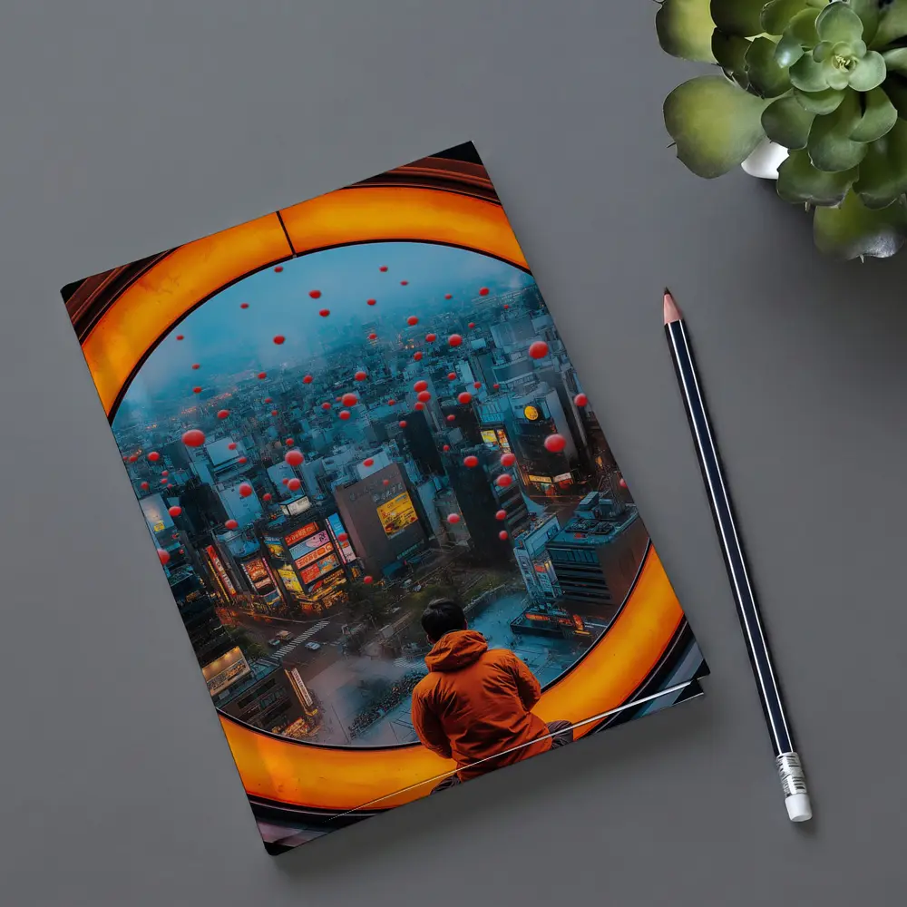 Man Gazing Over Tokyo City Through Round Window – Notebooks