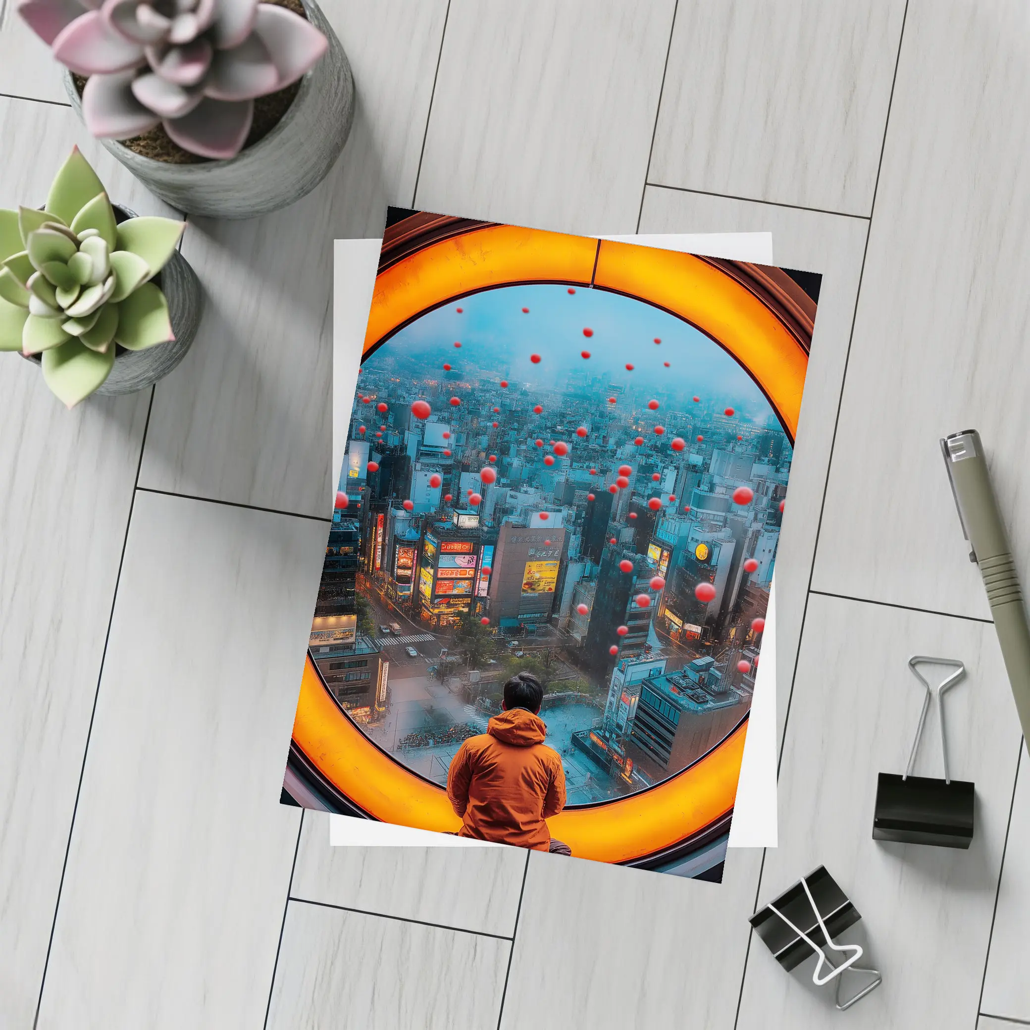 Man Gazing Over Tokyo City Through Round Window – Postcards