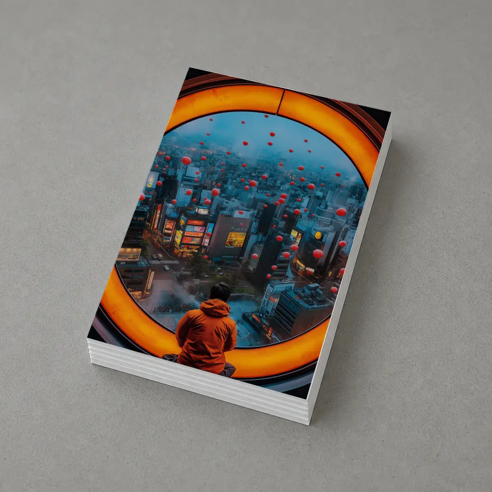 Man Gazing Over Tokyo City Through Round Window – Postcards