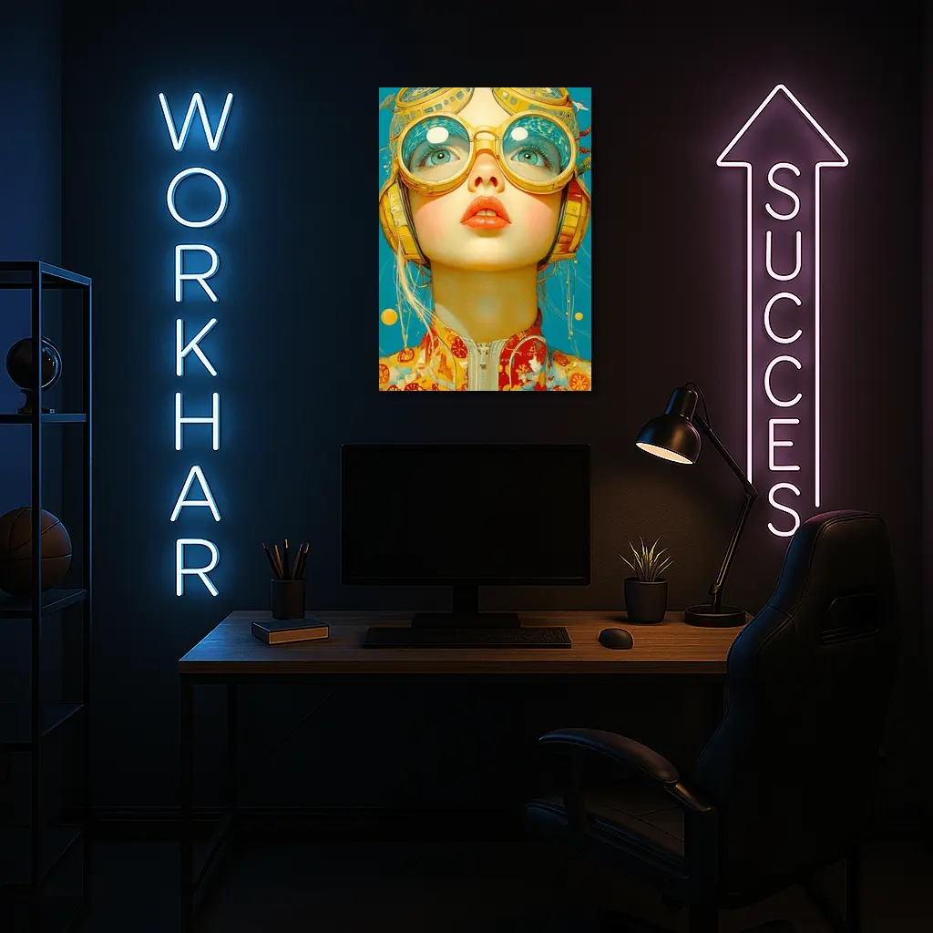 Retro Girl With Golden Goggles Blue Background – Wall Art