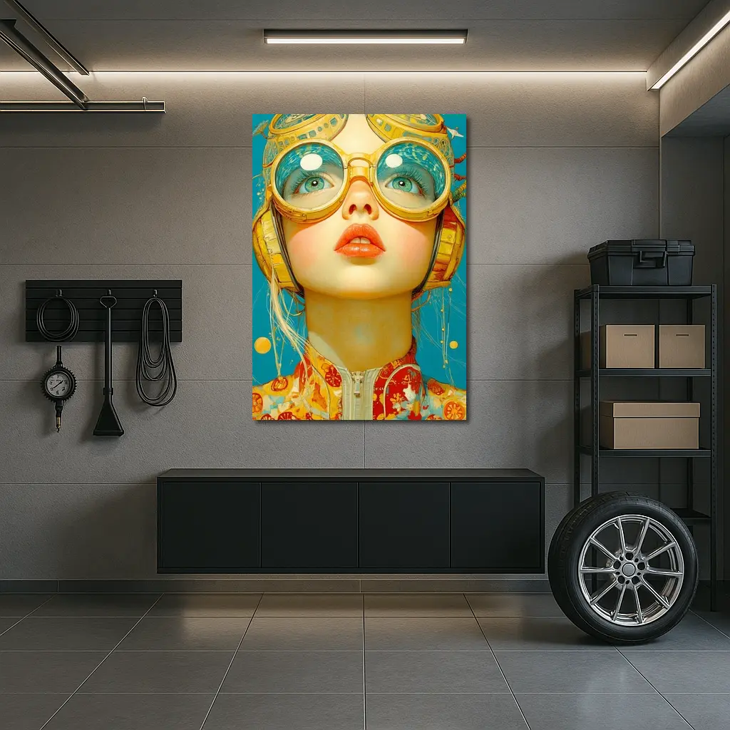 Retro Girl With Golden Goggles Blue Background – Wall Art
