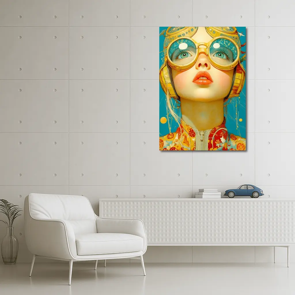 Retro Girl With Golden Goggles Blue Background – Wall Art