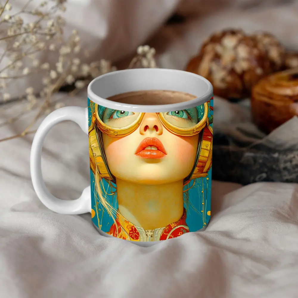 Retro Girl With Golden Goggles Blue Background – Mugs