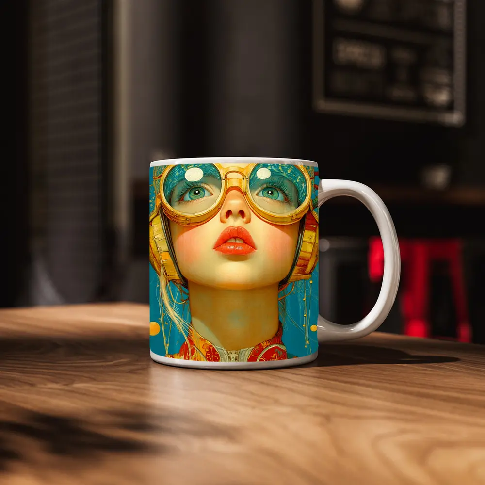 Retro Girl With Golden Goggles Blue Background – Mugs