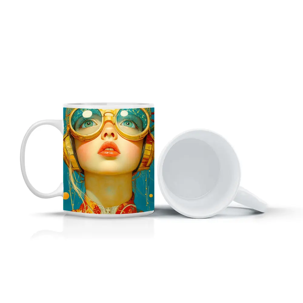 Retro Girl With Golden Goggles Blue Background – Mugs