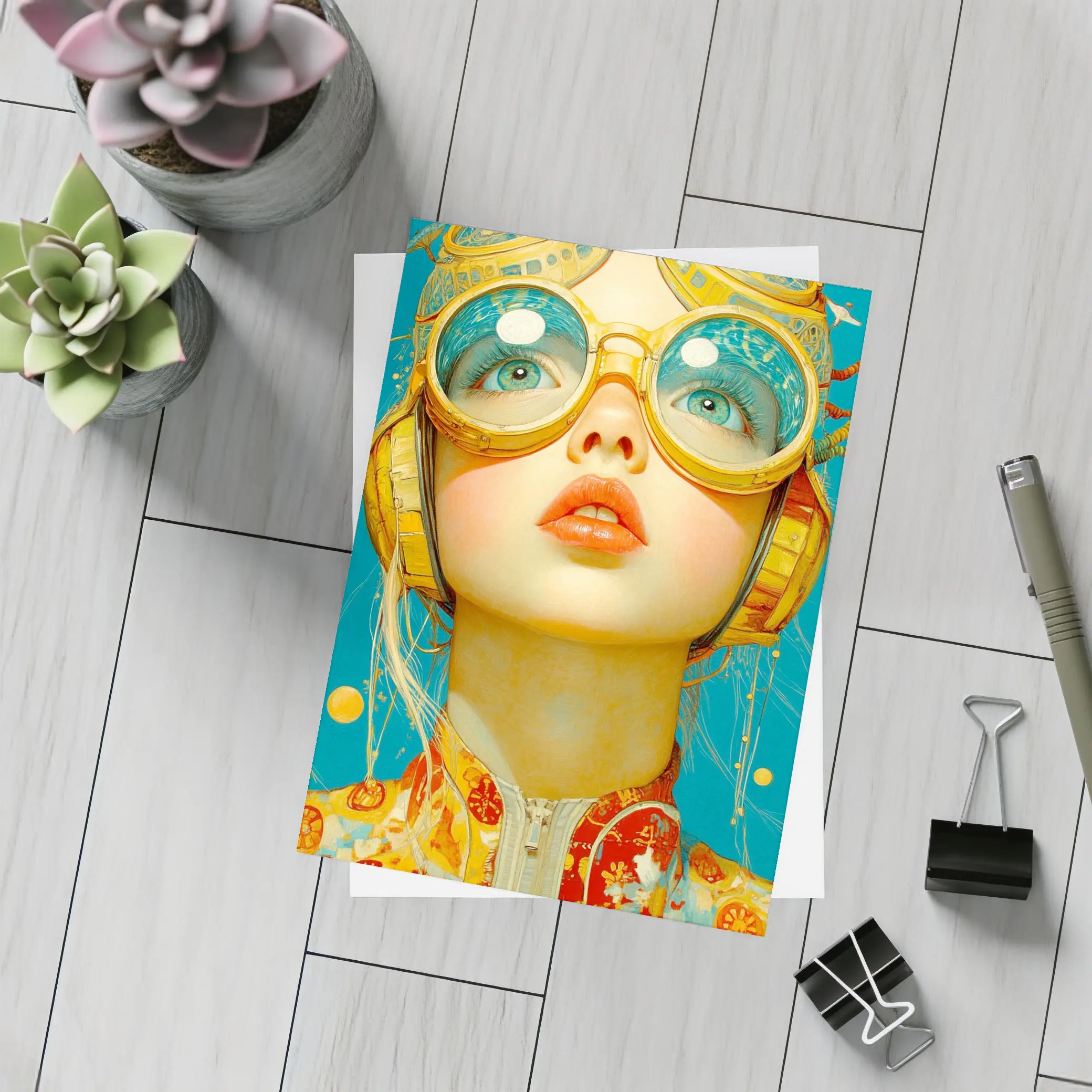 Retro Girl With Golden Goggles Blue Background – Postcards
