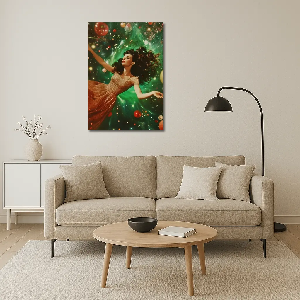 Retro Woman Floating Christmas Ornaments Green Background – Wall Art