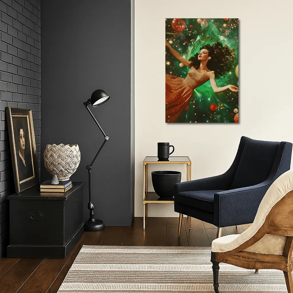 Retro Woman Floating Christmas Ornaments Green Background – Wall Art