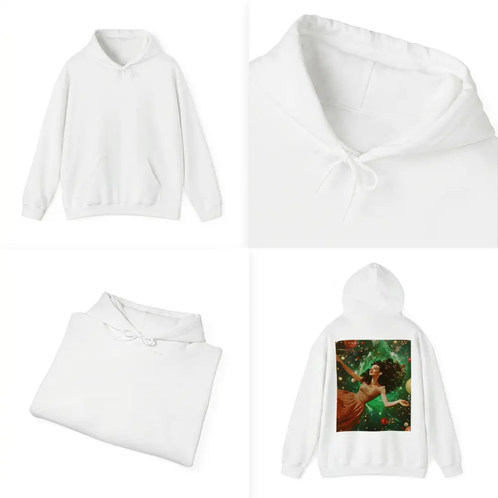 Retro Woman Floating Christmas Ornaments Green Background – Hoodies