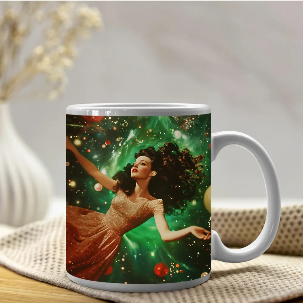 Retro Woman Floating Christmas Ornaments Green Background – Mugs