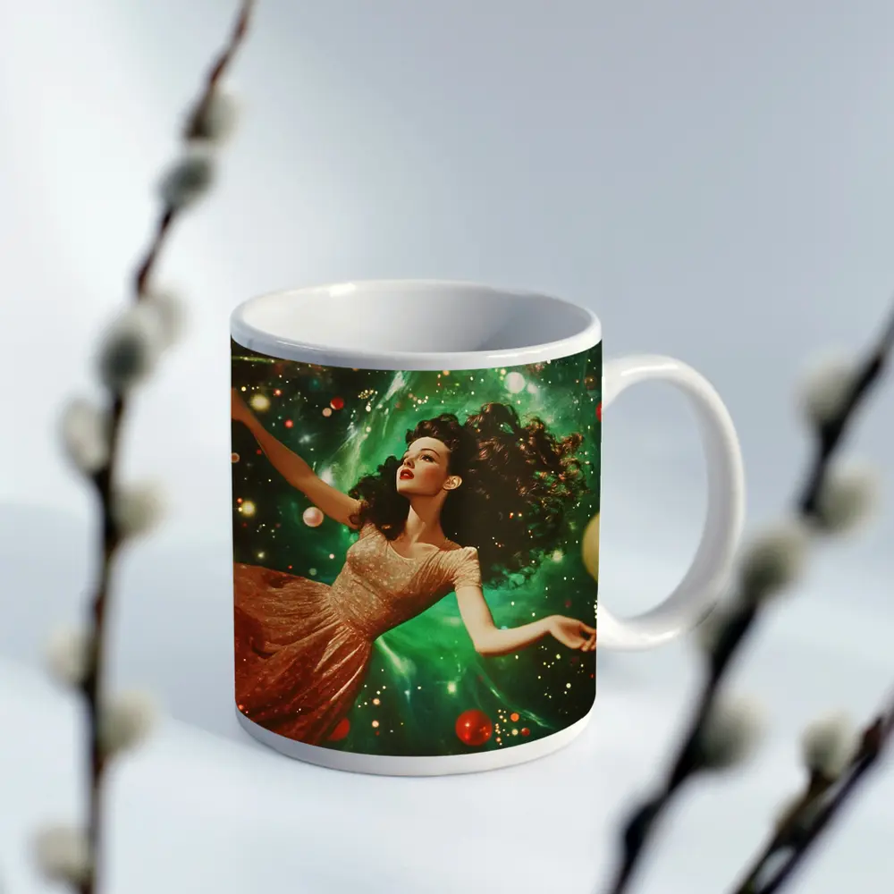 Retro Woman Floating Christmas Ornaments Green Background – Mugs