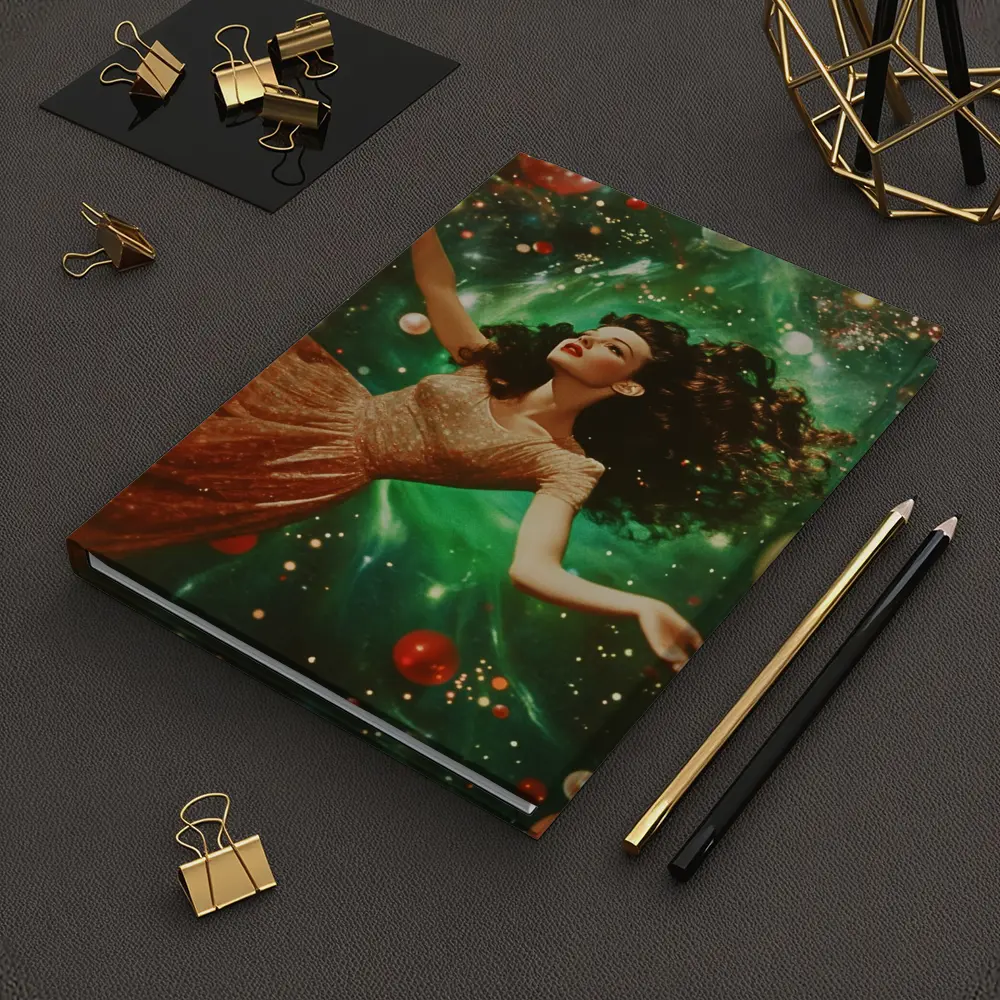 Retro Woman Floating Christmas Ornaments Green Background – Notebooks