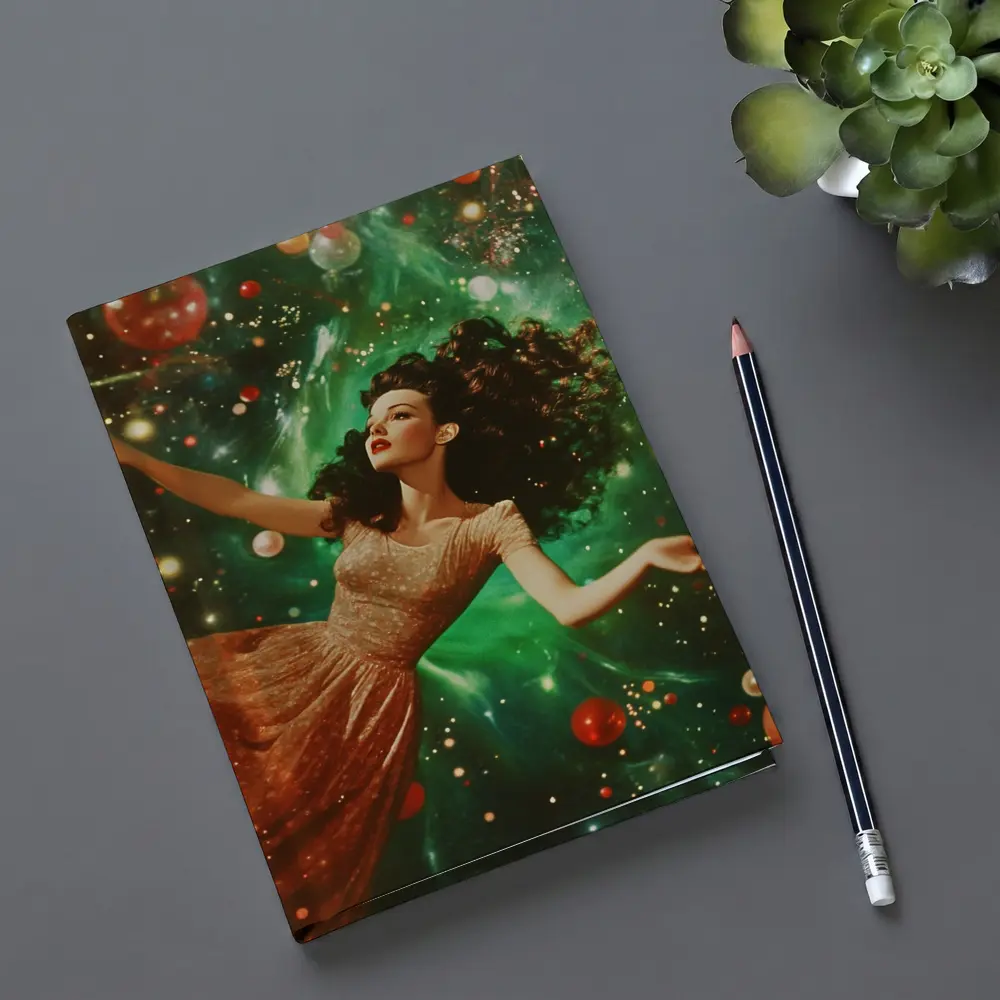 Retro Woman Floating Christmas Ornaments Green Background – Notebooks