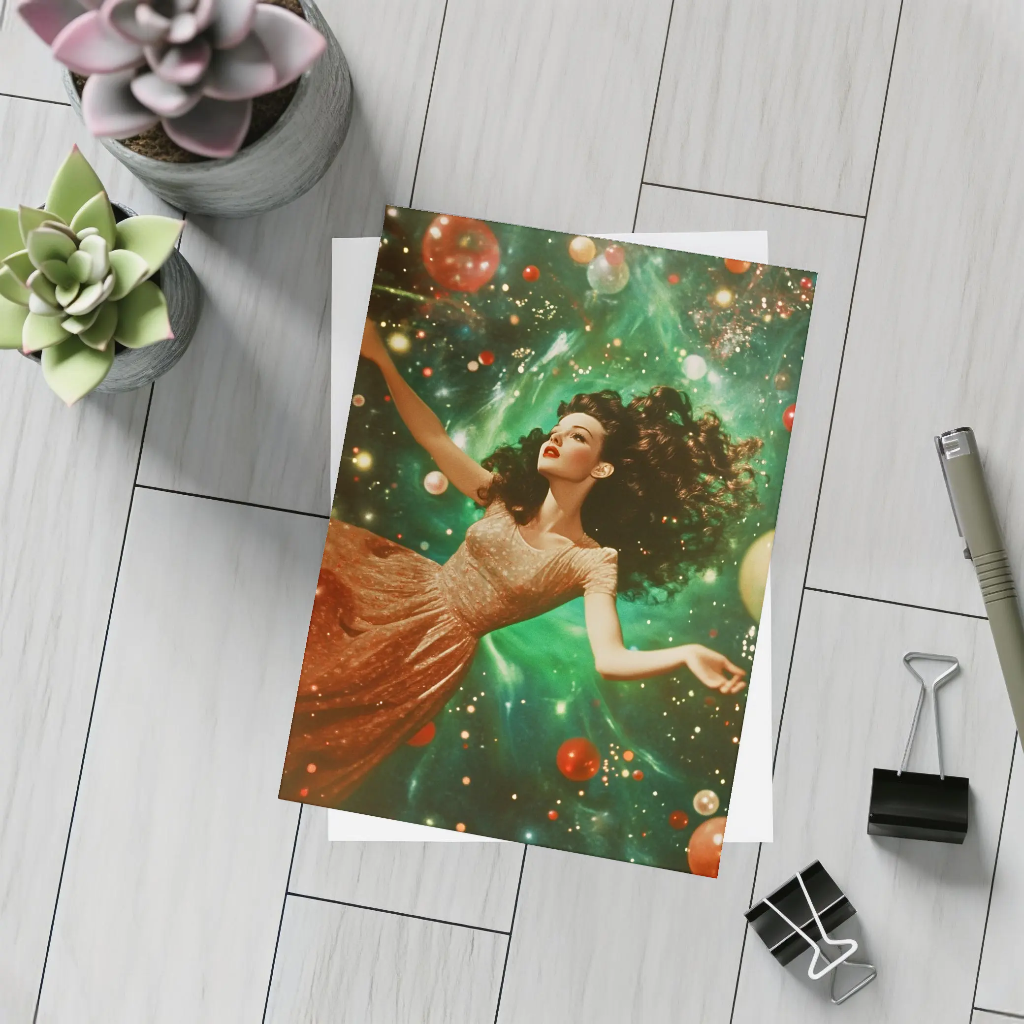 Retro Woman Floating Christmas Ornaments Green Background – Postcards