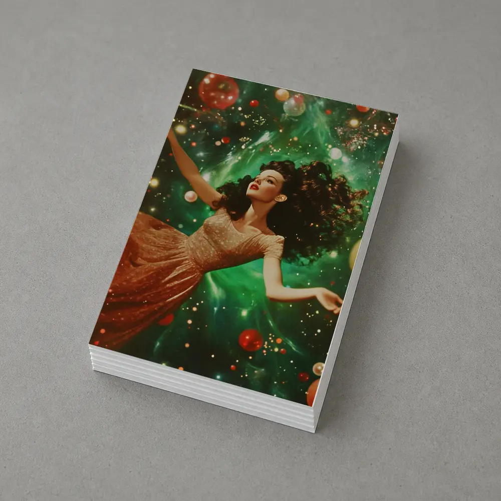 Retro Woman Floating Christmas Ornaments Green Background – Postcards