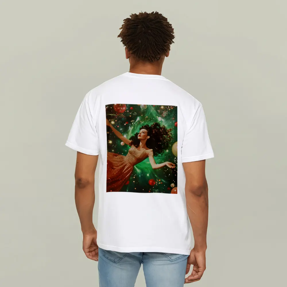 Retro Woman Floating Christmas Ornaments Green Background – T-Shirts