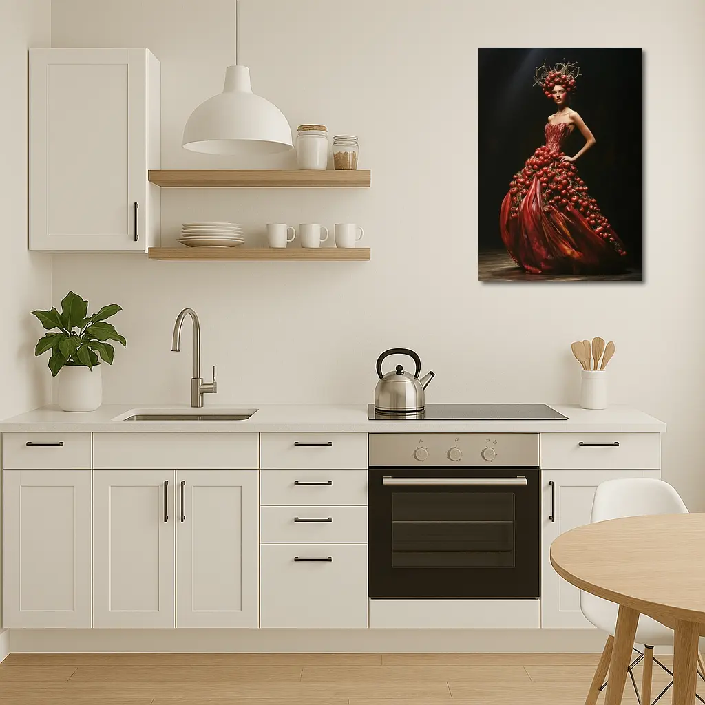 Woman Tomato Dress Fashion Dark Background – Wall Art