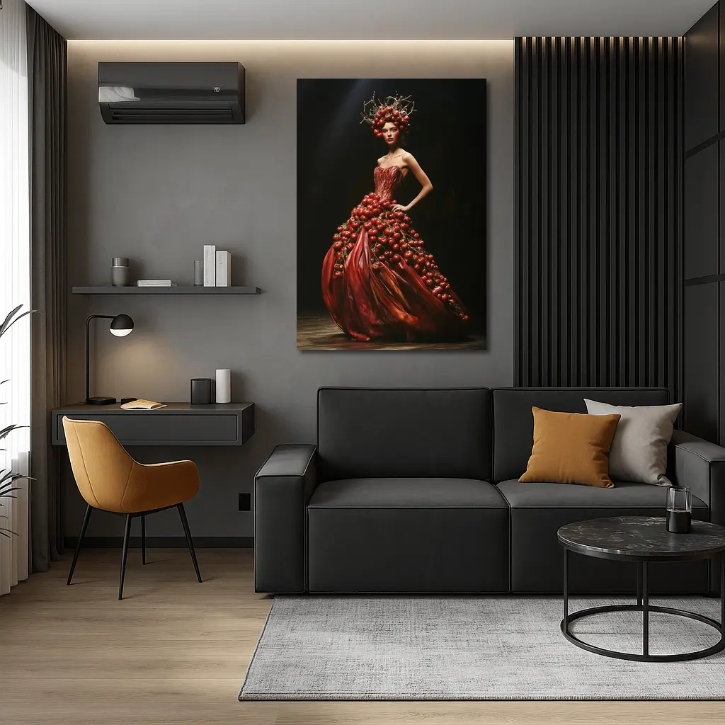 Woman Tomato Dress Fashion Dark Background – Wall Art